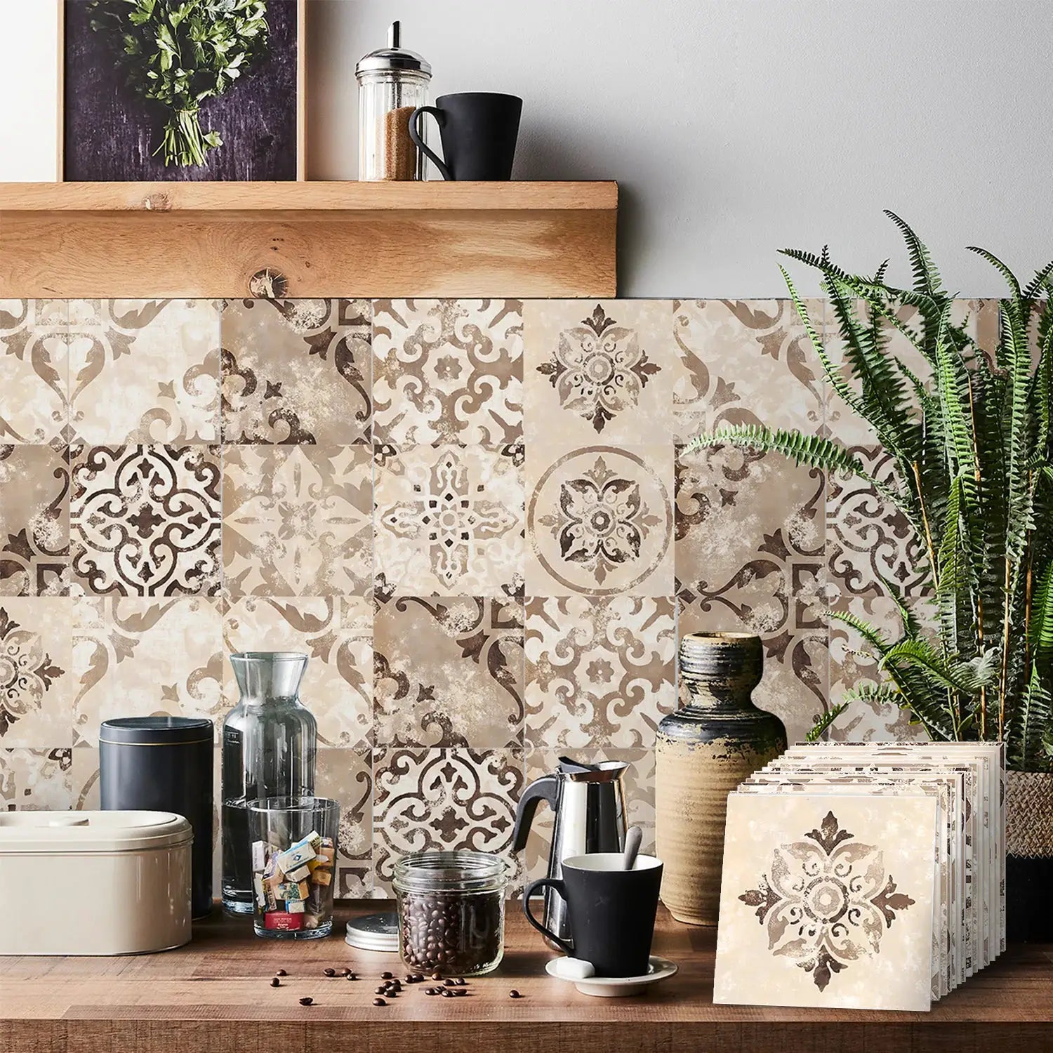 Tile self-adhesive wall stickers, 24pcs, beige ornate tile pattern, waterproof backsplash; Simples Market.