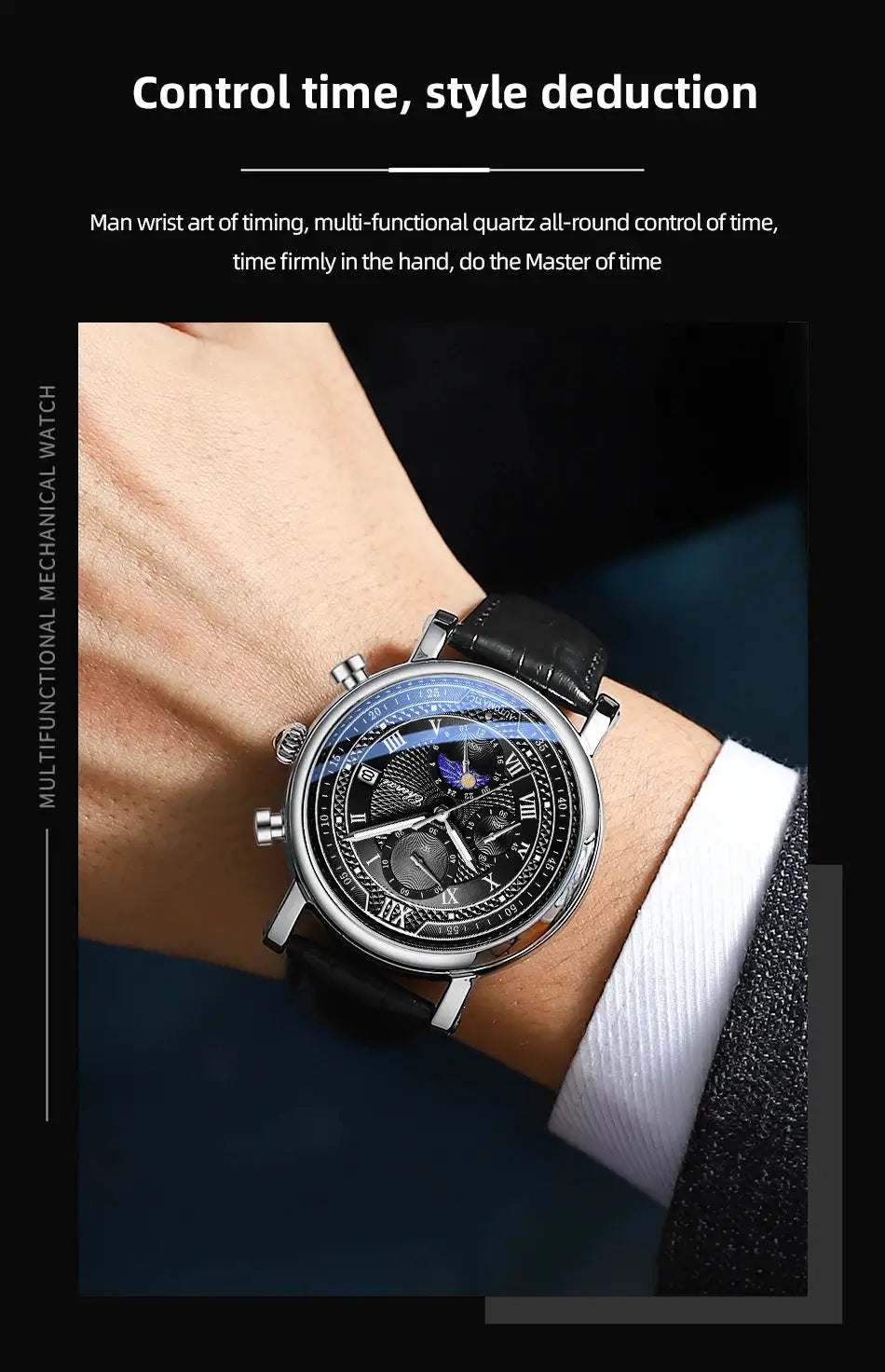 Chenxi 976 leather chronograph watch with moon phase display on black leather strap
