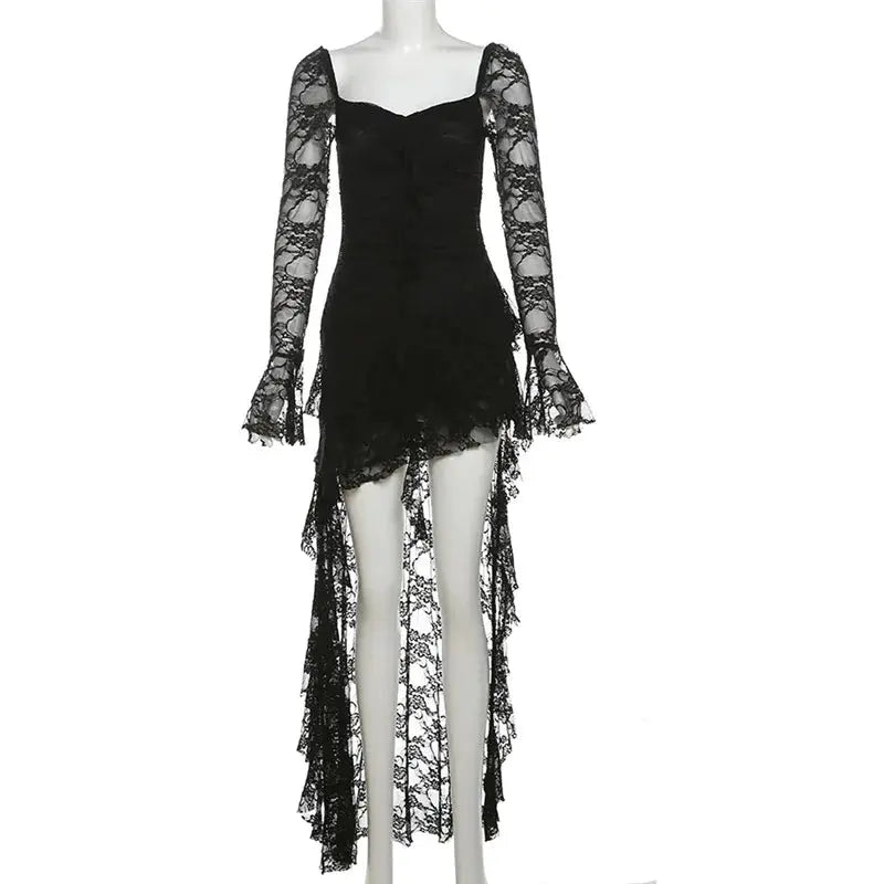 Nocturne Atelier Goth Lace Fairycore A Line Dress With Flare Sleeve Square Neck Irregular Hem For Cyber Y2K Party