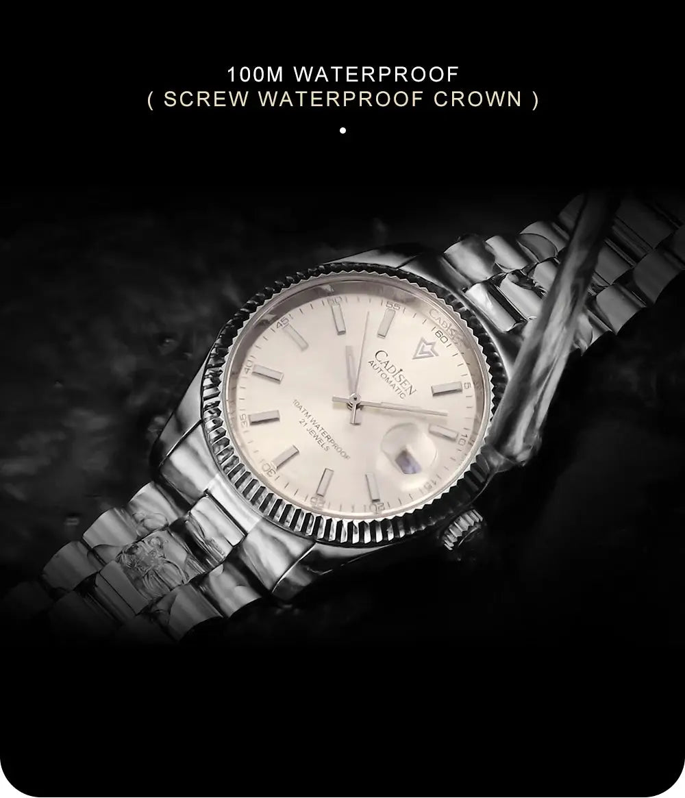 CADISEN men's automatic luxury watch with stainless steel bracelet, white dial, date magnifier, 100m waterproof