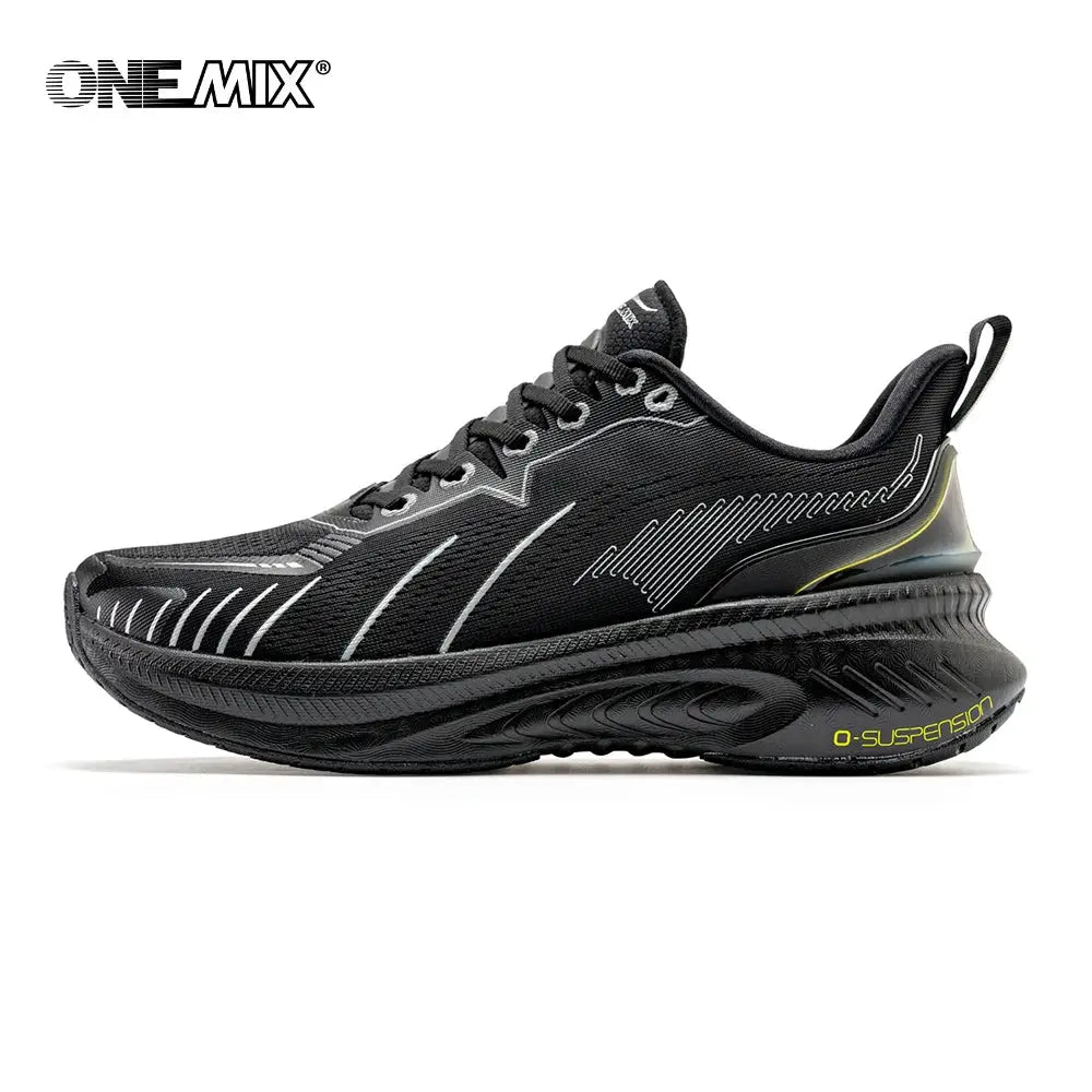 ONEMIX black road running shoe with white line accents and neon yellow O-Suspension midsole