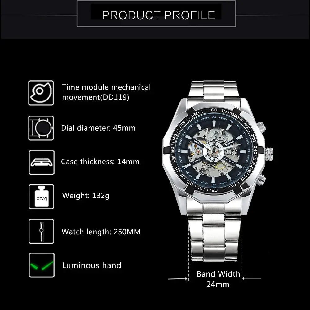 WINNER Classic Skeleton Watch for Men with luminous hands and stainless steel strap