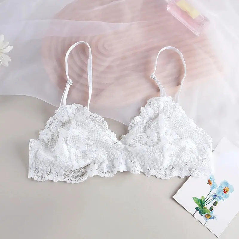 White lace bralette lingerie for women with floral pattern and thin adjustable straps