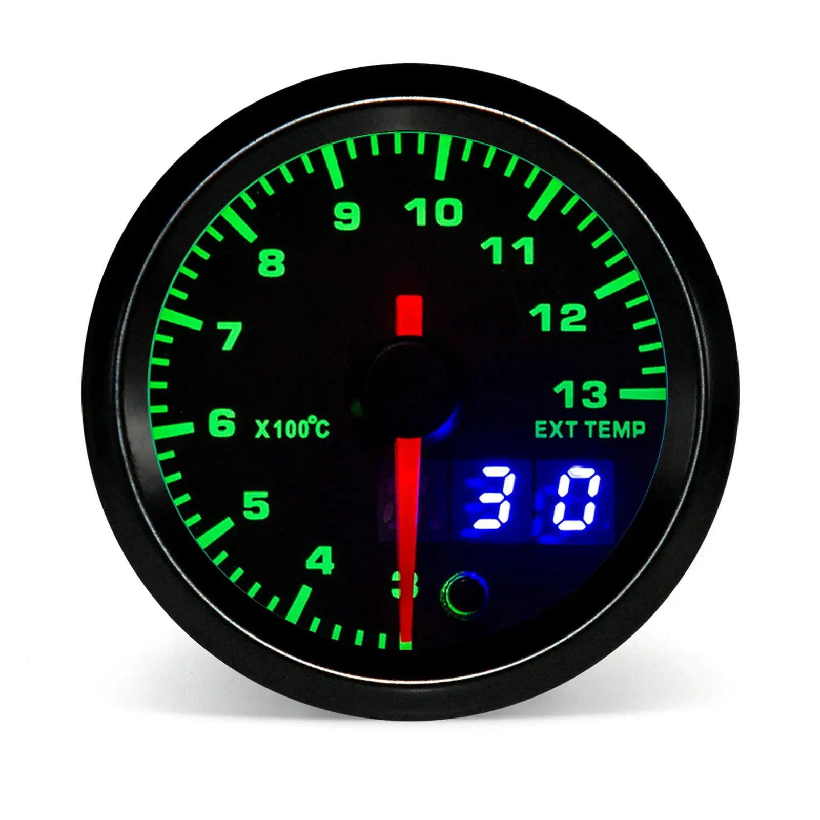 52mm dual-display LED gauge by Simples Market with green backlit analog dial and blue digital readout