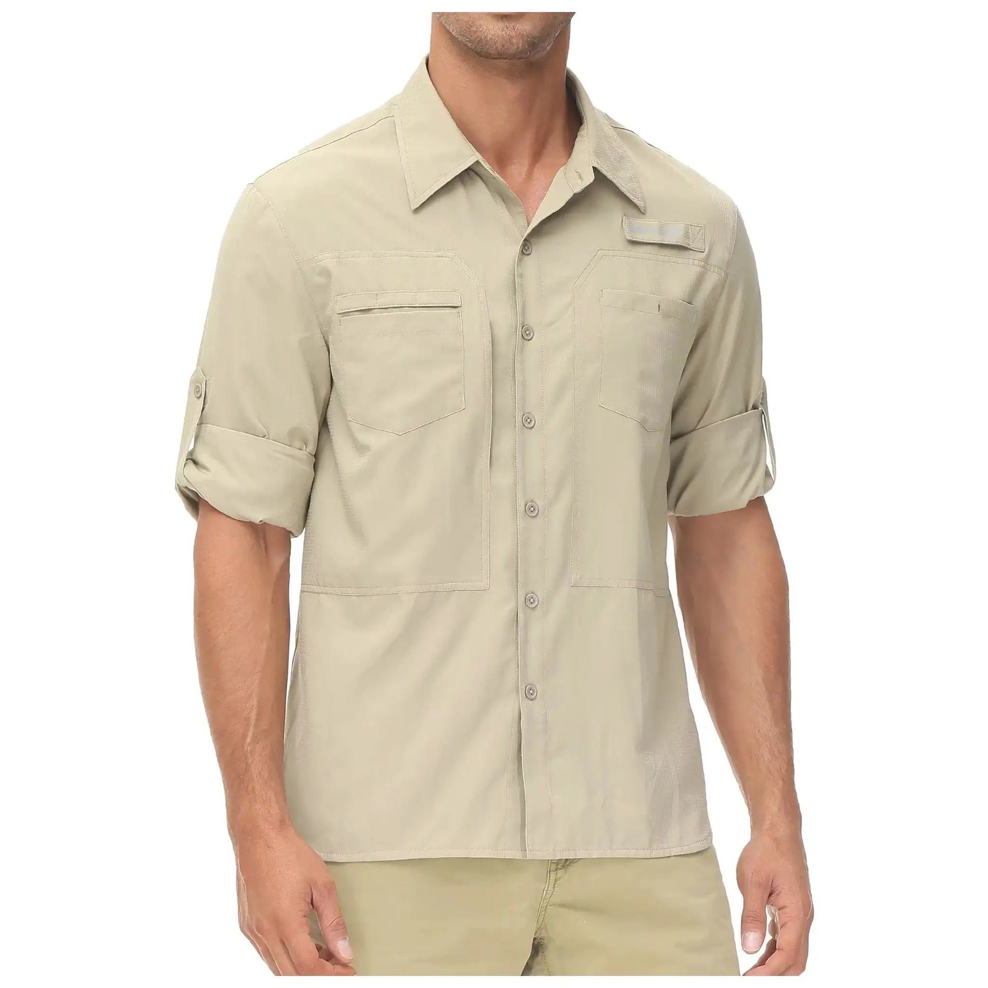 Simples Market men's beige long-sleeve fishing shirt with UPF50+ sun protection, zipper chest pocket and rolled sleeves.