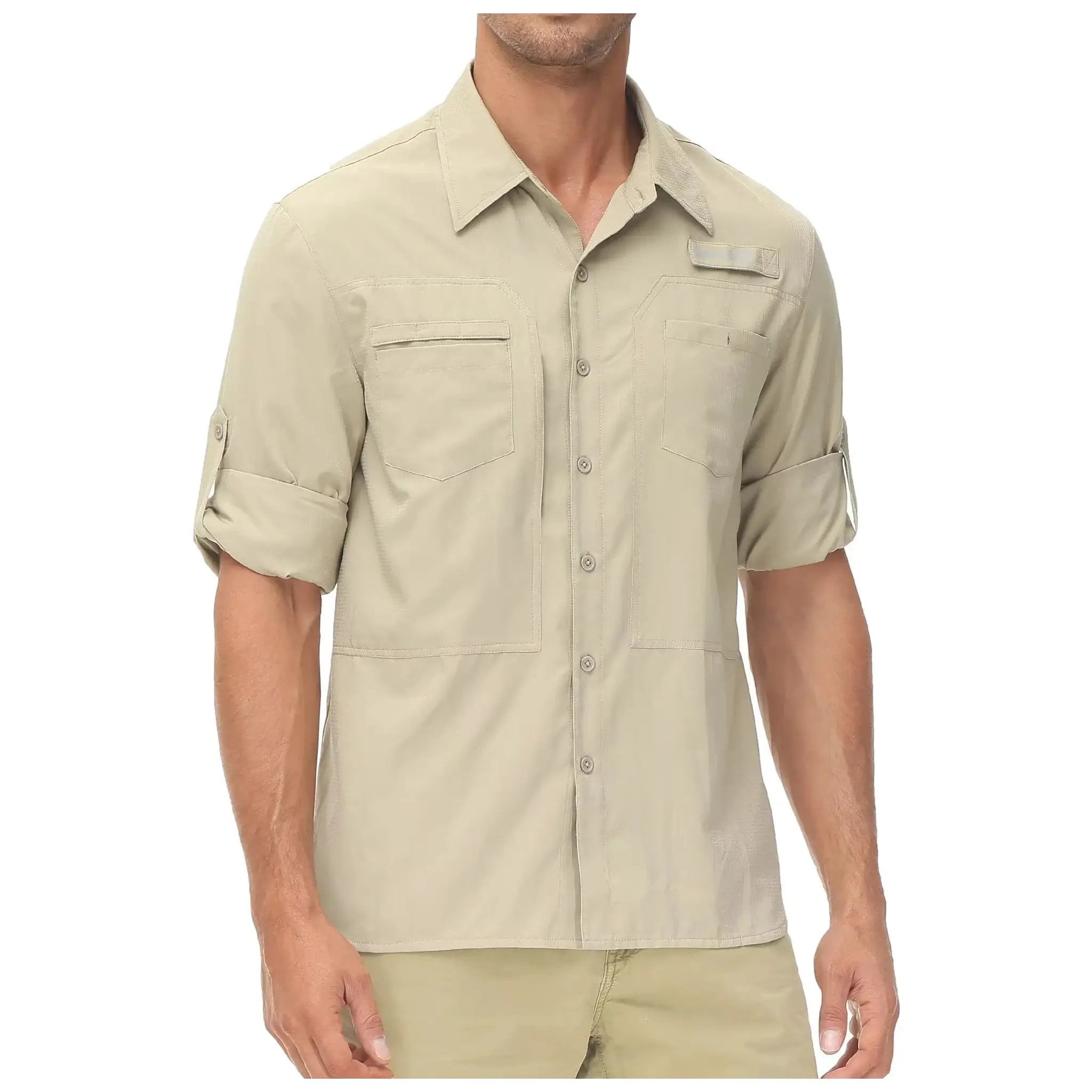 Simples Market men's beige long-sleeve fishing shirt with UPF50+ sun protection, zipper chest pocket and rolled sleeves.