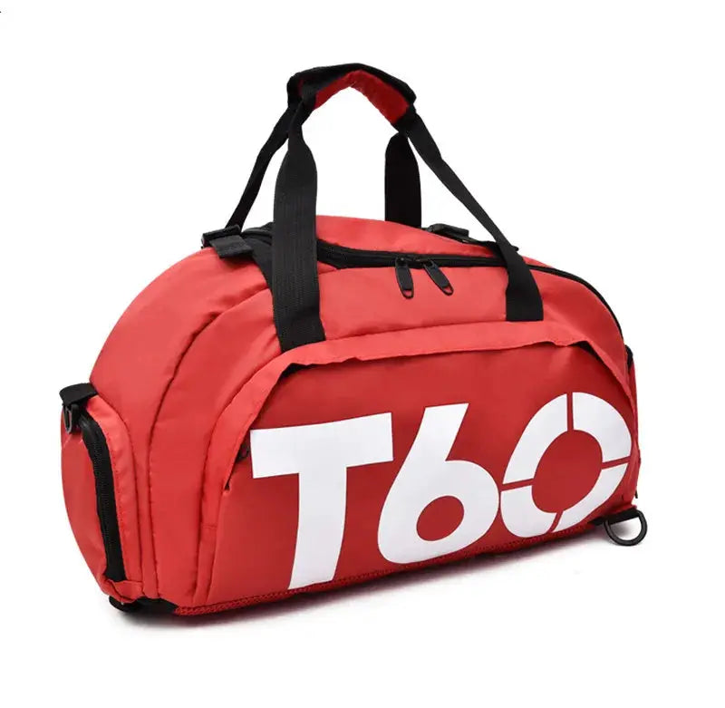 Red gym bag with black handles and large white T60 graphic for workouts and travel