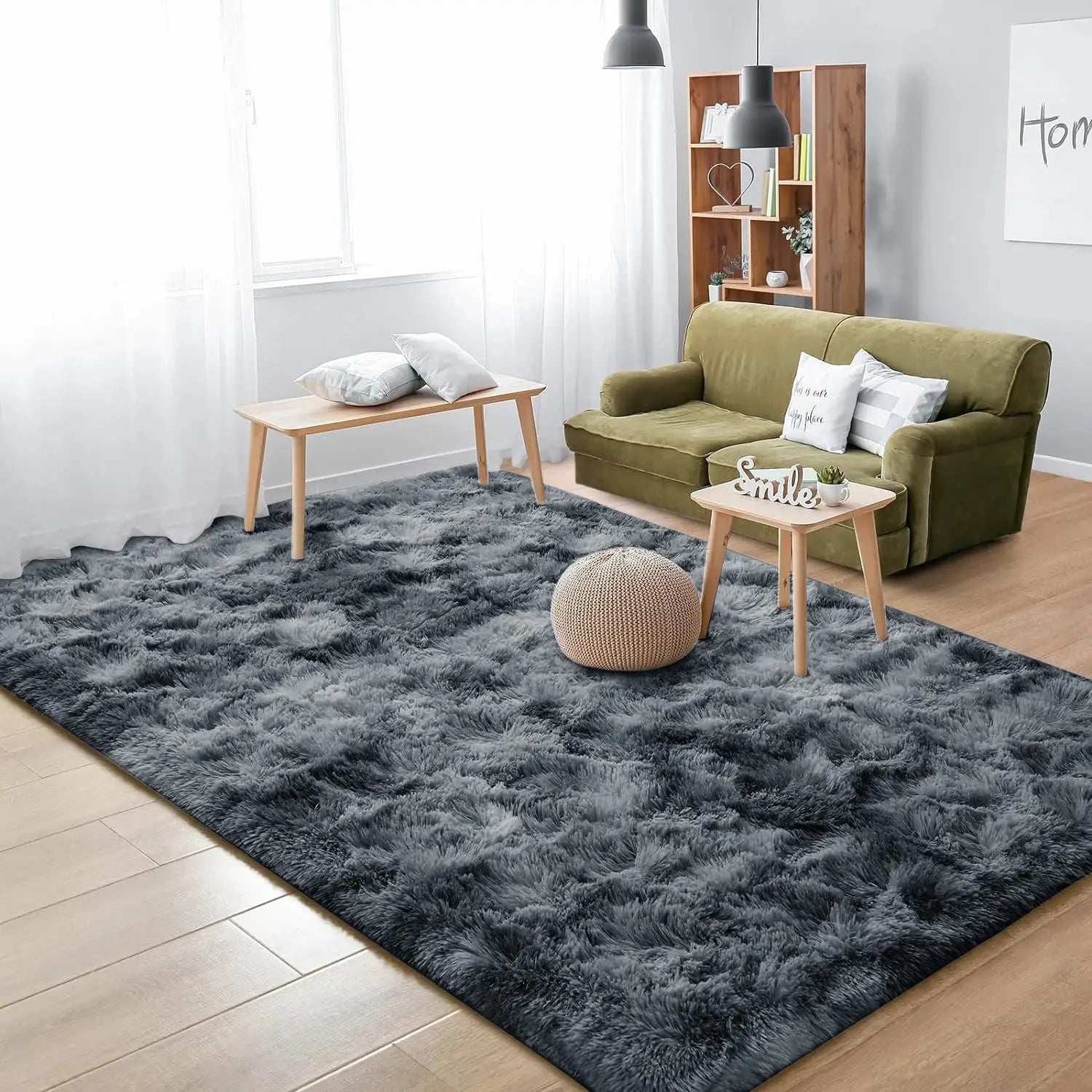 Simples Market tie-dyed dark gray shag rug for living room or bedroom; non-slip, washable floor mat.