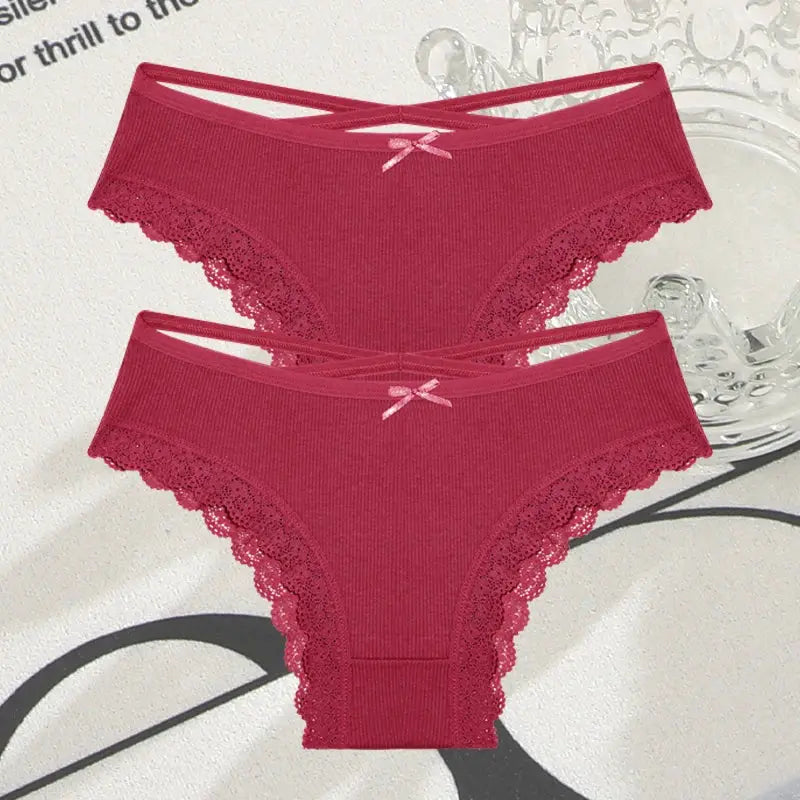 2-pack Simples Market red lace-trimmed cotton panties for women, low-rise with cross-strap waistband