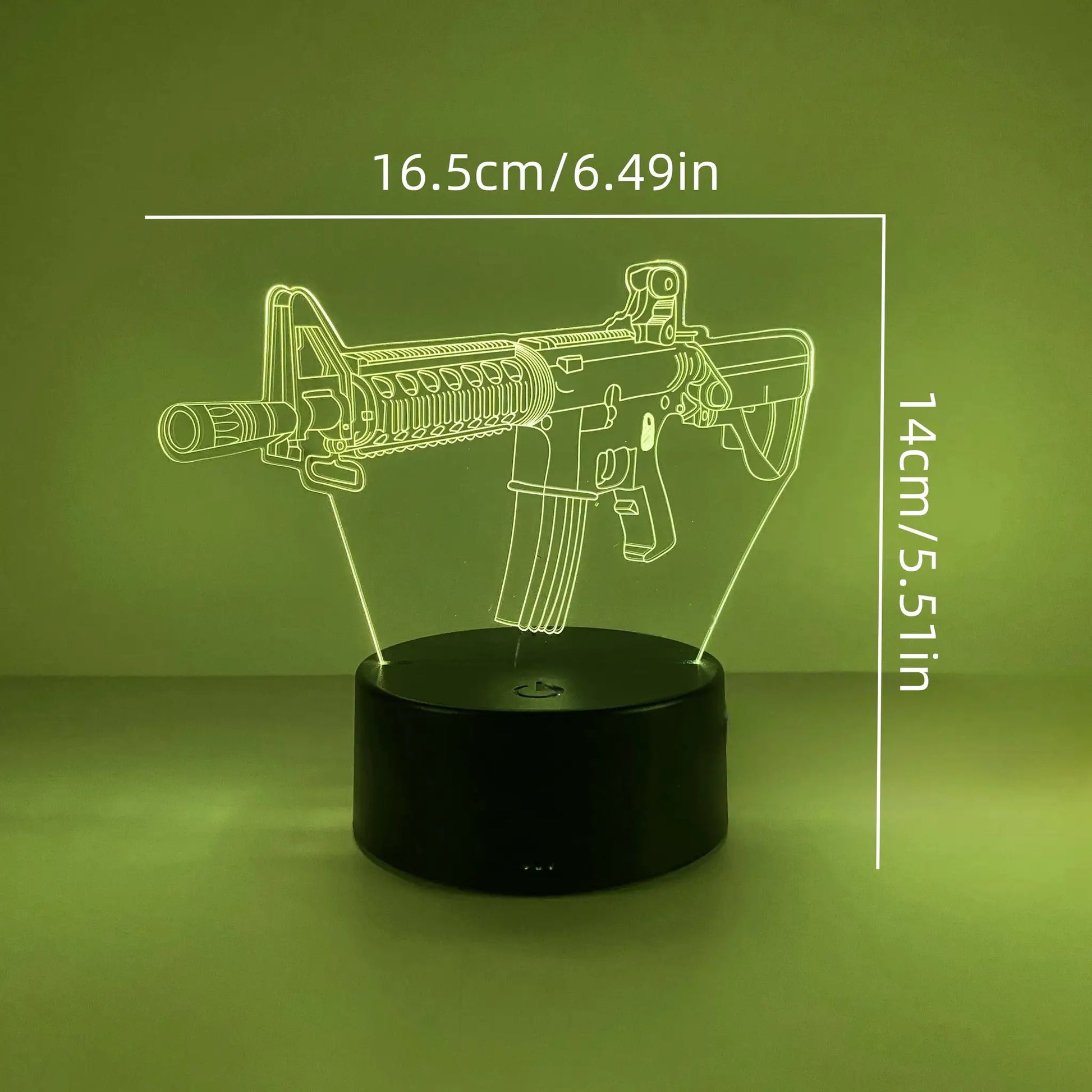 Submachine gun modeling night light by Simples Market, USB-powered with blueprint-style gun outline on a black base.