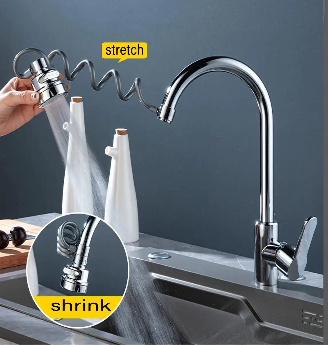 Simples Market chrome kitchen faucet with extendable spiral hose and 360° rotating spray head