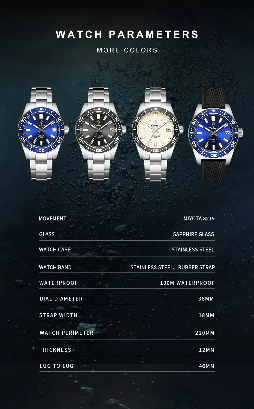 CADISEN 38mm diver watches; four with steel bands, one rubber strap, blue/neutral dials, sapphire glass.