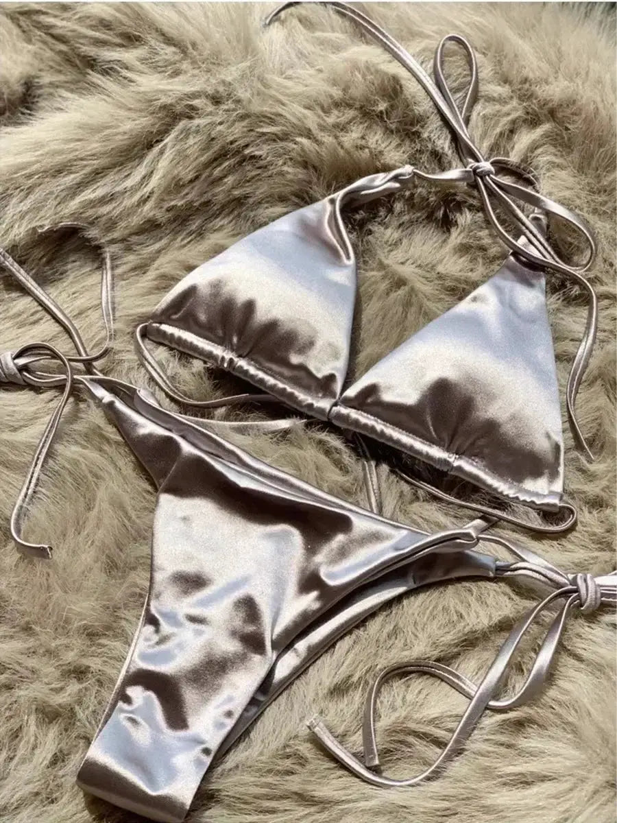 Halter metallic satin bikini set for women, two-piece silver-gray swimsuit with high-cut bottoms