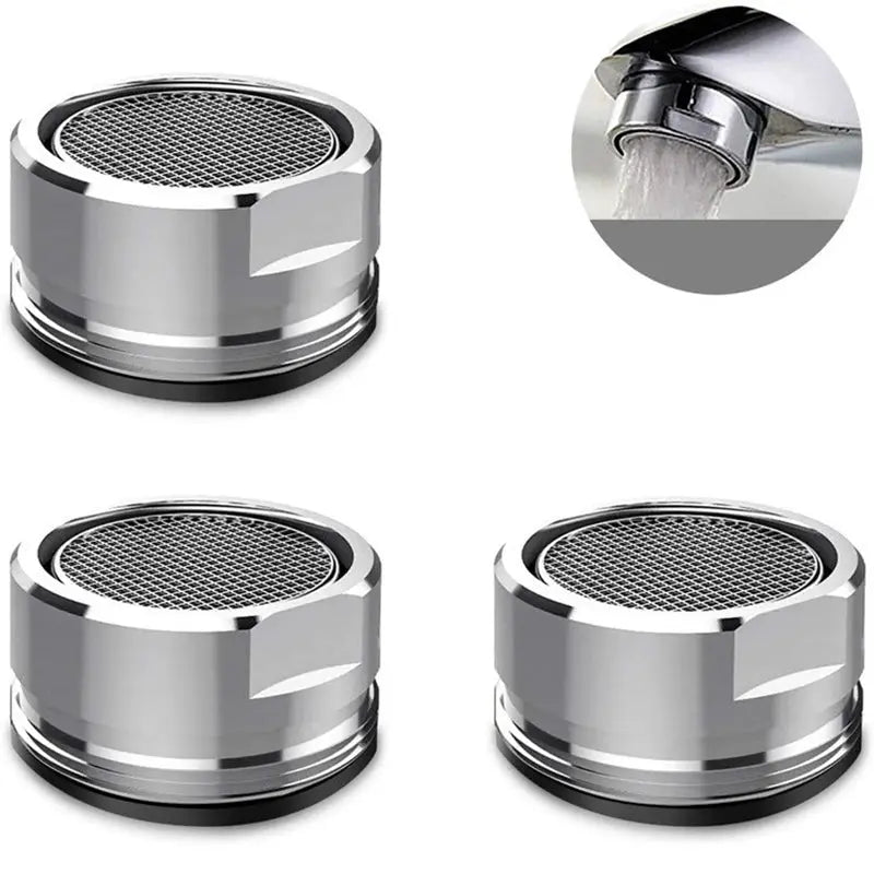 Faucet aerators (3) with chrome finish and replaceable mesh filters for 24mm thread.