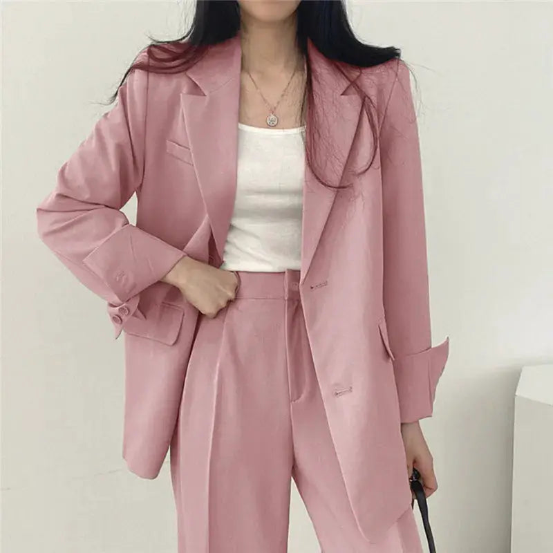 Women's pink blazer and pants two-piece suit set, long-sleeve blazer with matching trousers