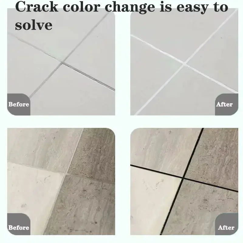 Waterproof tile grout marker pen for wall and floor seams; before/after grout repair in black and white.