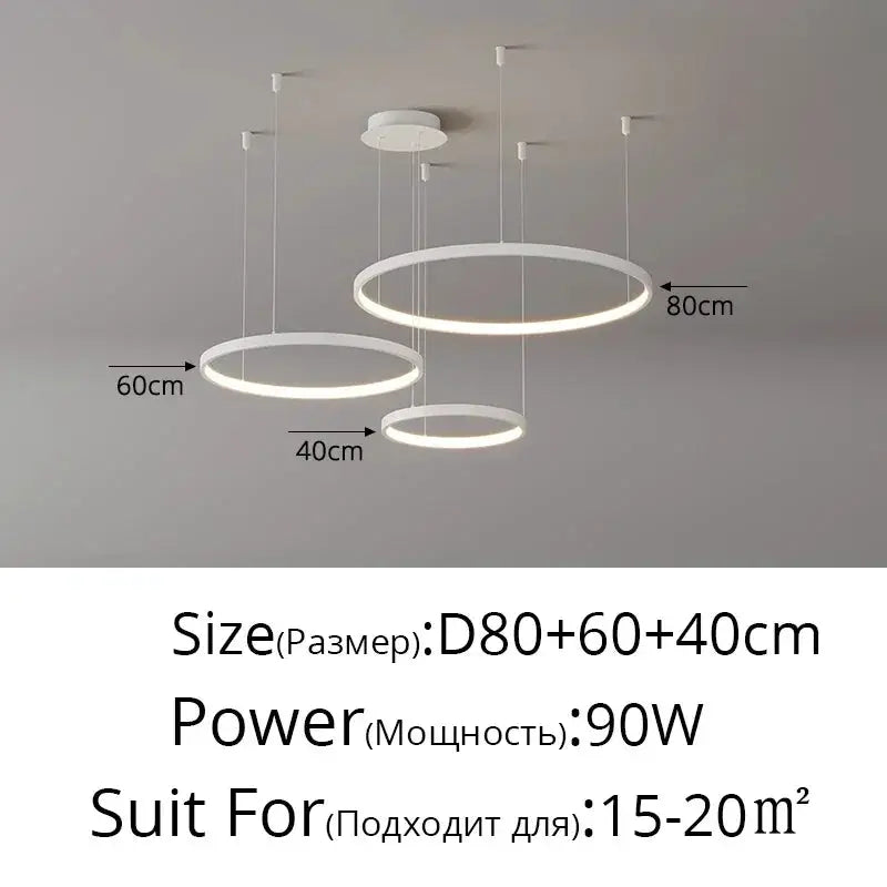 Simples Market minimalist white circular LED ring pendant light chandelier with three hanging rings (80cm, 60cm, 40cm)