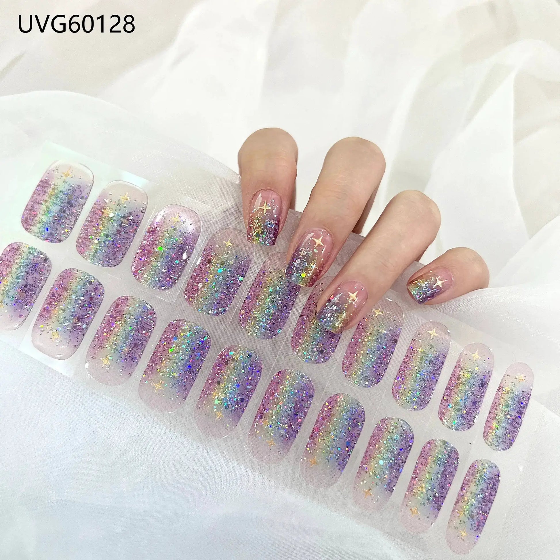 Simples Market gel nail wraps; pink-purple glitter with gold stars, full-cover manicure stickers (16/20/22 tips)