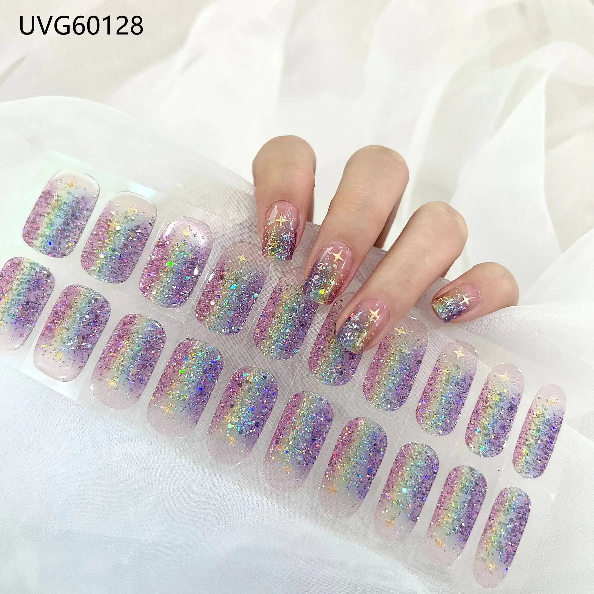 Simples Market gel nail wraps; pink-purple glitter with gold stars, full-cover manicure stickers (16/20/22 tips)