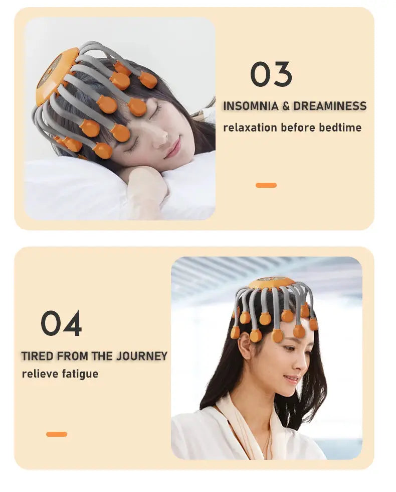 Scalp massager with orange heads and gray flexible prongs worn on head, Simples Market