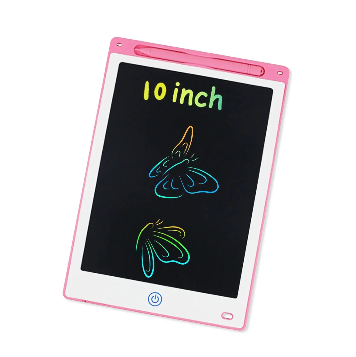 Simples Market LCD writing tablet for kids, pink frame, 8.5/10/12-in, stylus attached, neon doodles on screen