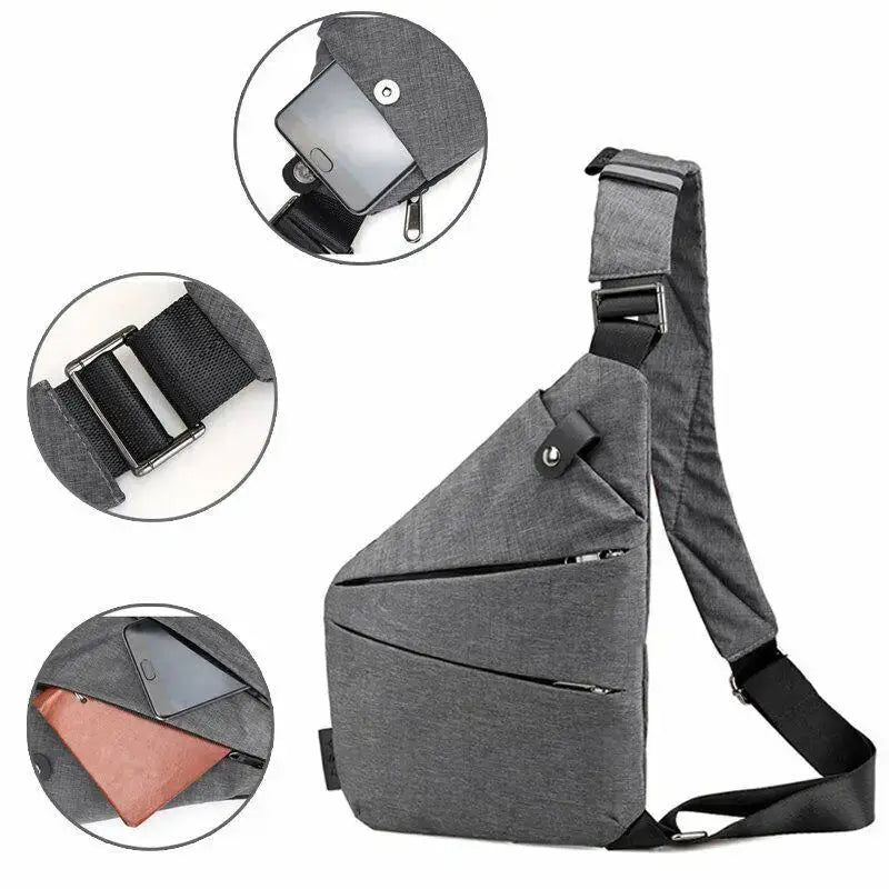 Crossbody bag in grey waterproof fabric with anti-theft design and multiple zip pockets by Simples Market