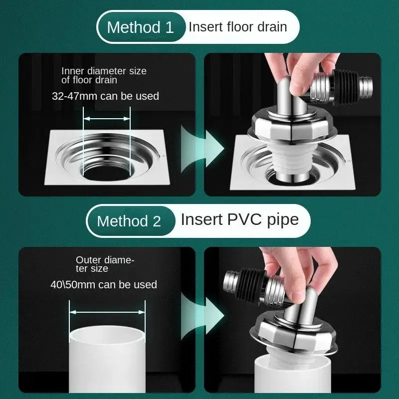 Simples Market washing machine floor drain joint; 2-in-1 pipe connector and hose adapter (32–47mm drain, 40–50mm PVC).
