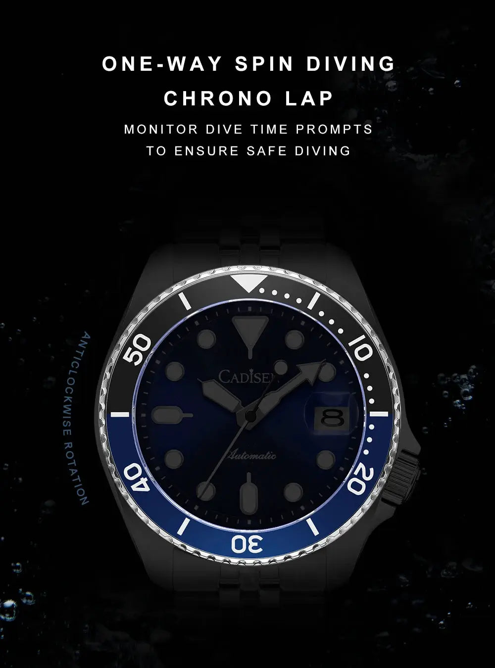 CADISEN luminous automatic men's wristwatch with ceramic bezel and sapphire glass blue dial