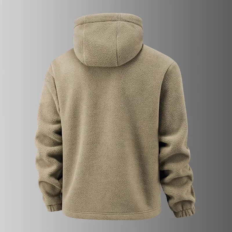 Beige fleece hooded jacket for men, back view showing thick, cozy fabric.