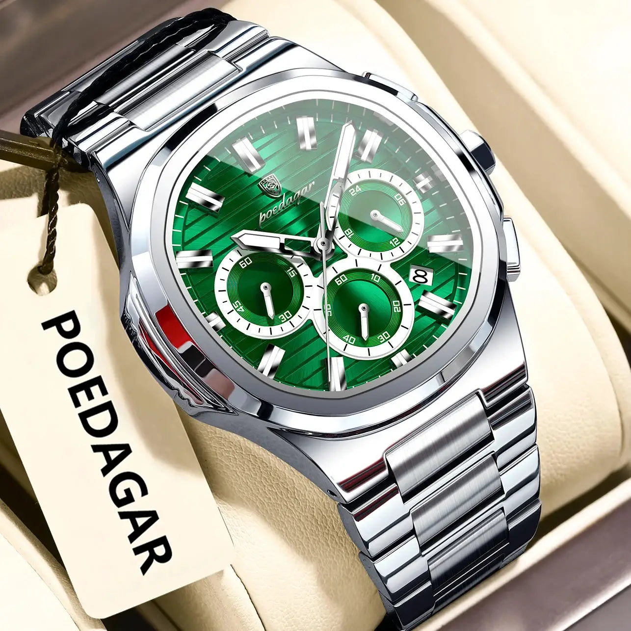 POEDAGAR men's stainless steel wristwatch with green dial, chronograph subdials and date
