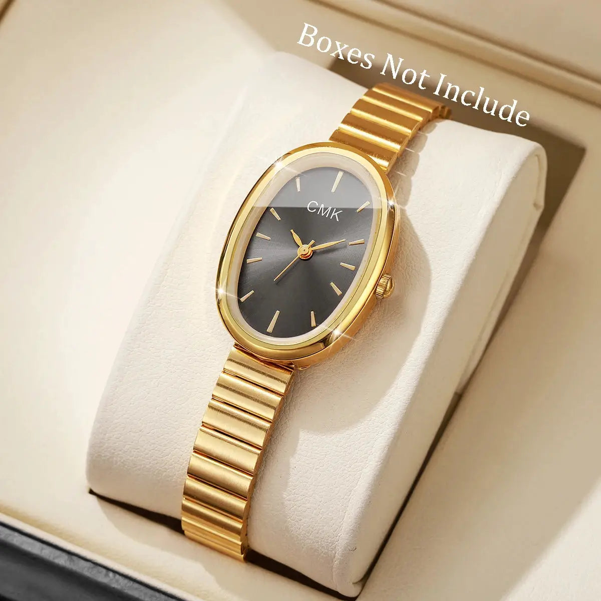 Women's gold-tone oval-dial wristwatch with a slim bracelet, black dial, CMK.