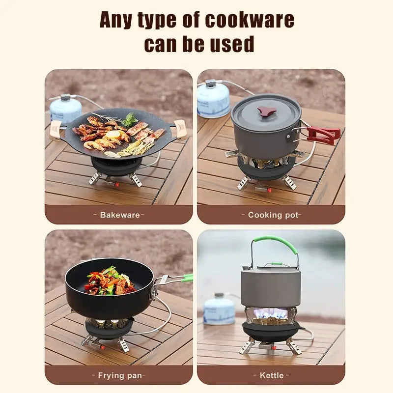 Simples Market BRS201A camping gas stove with piezo ignition 16000W; 4 cookware: bakeware, pot, frying pan, kettle