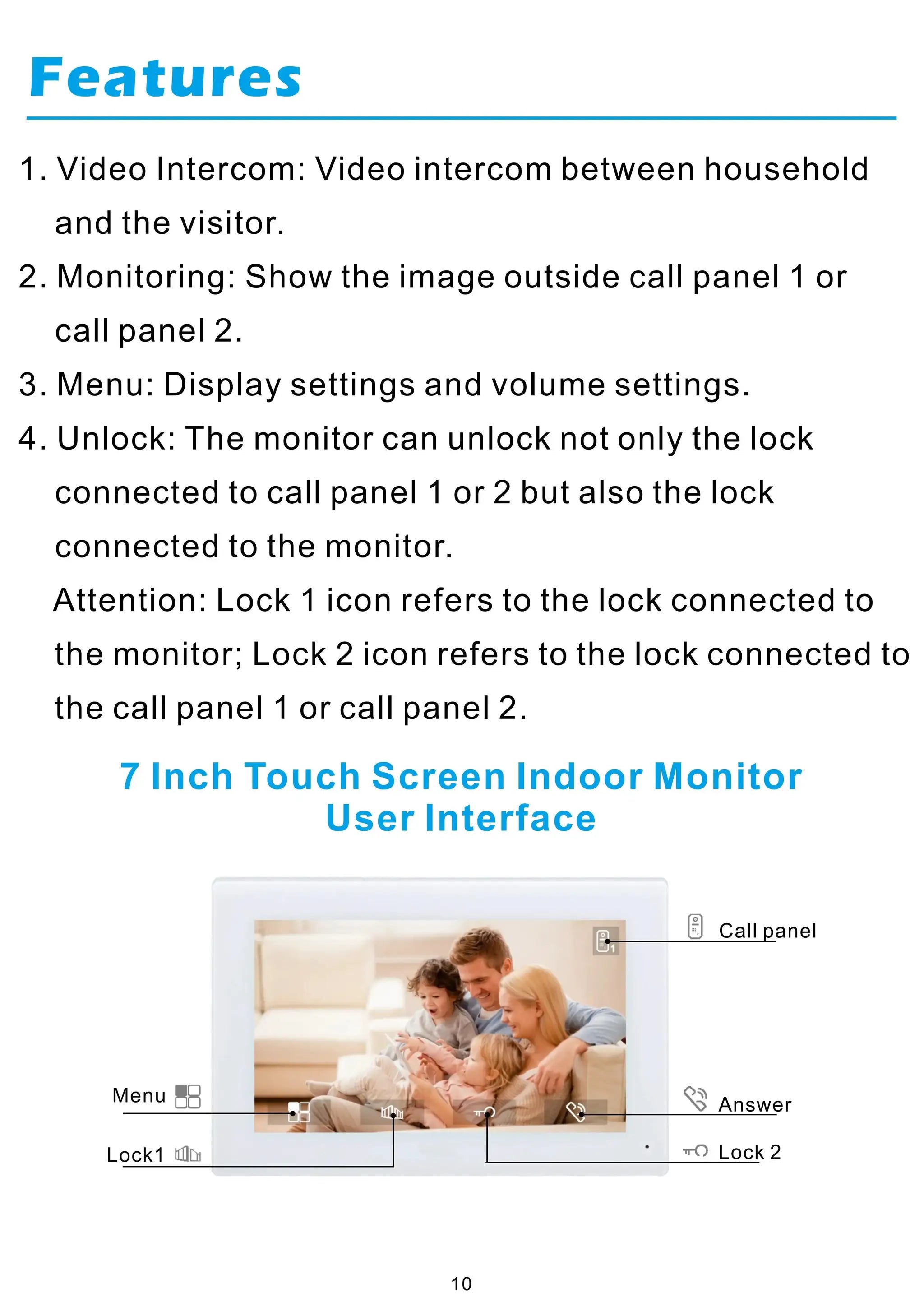 7-inch white touchscreen indoor video intercom monitor with on-screen controls for home use