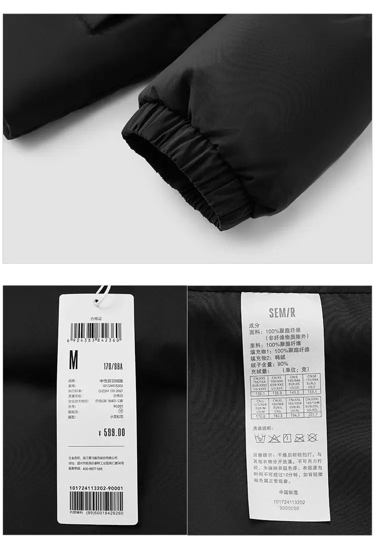 Semir down jacket for men in black, waterproof and windproof, with SEMR tag and care label.