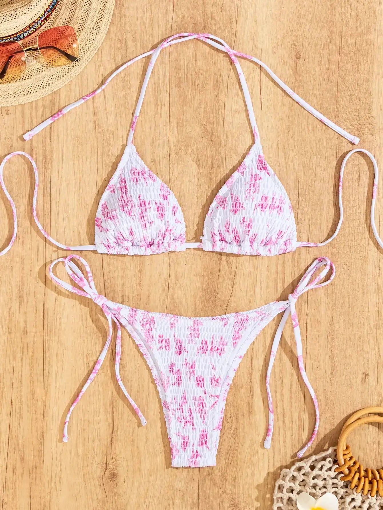 Simples Market triangle bikini set, white with pink floral print, tie-top and Brazilian-cut bottoms