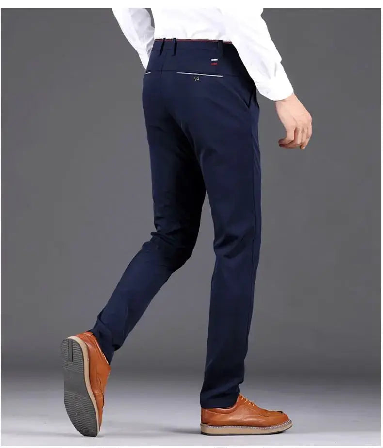 Men's navy elastic-waist dress pants, slim-fit office chinos with back zip pocket