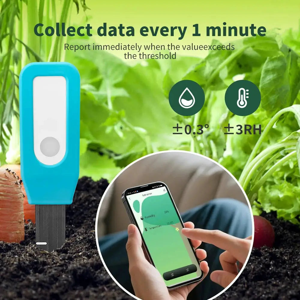 Tuya Bluetooth soil tester in blue with smartphone app displaying humidity and temperature — Simples Market