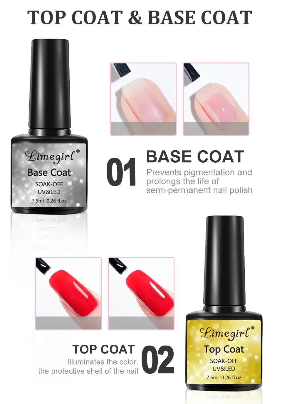Base coat & top coat bottles by Limegirl (2) with pink and red nail swatches