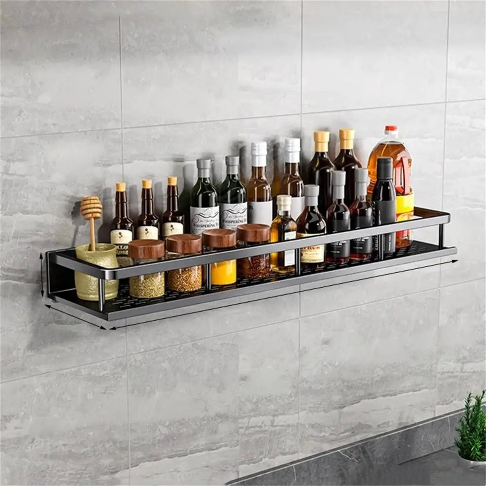 Multi-functional wall-mounted seasoning rack with rod, black metal, two-tier holds numerous bottles Simples Market
