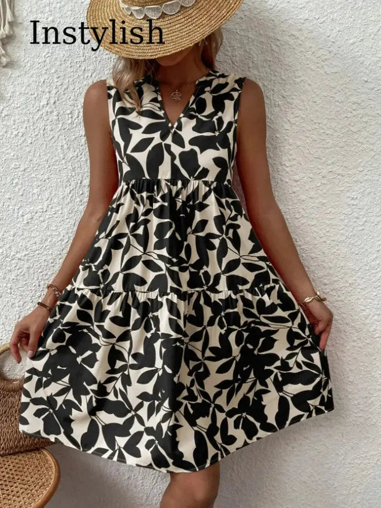 Women Boho Print Mini Dress Sleeveless V Neck Ruffle Beach Sundress