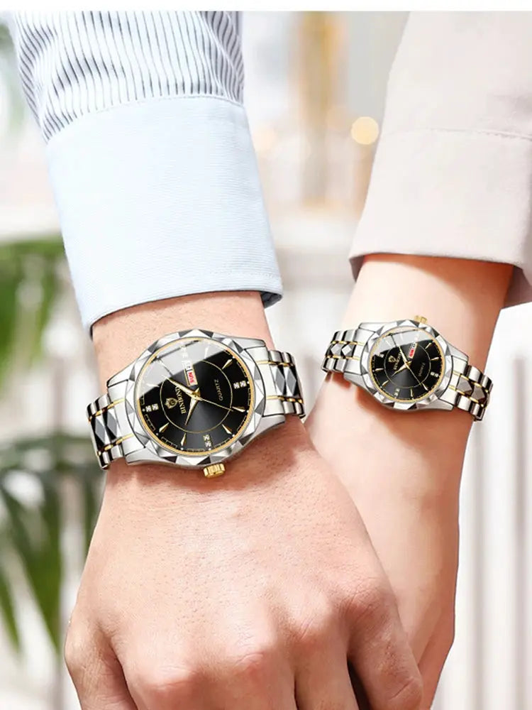 BINBONG women's two watches in two-tone stainless steel with black dials and gold accents