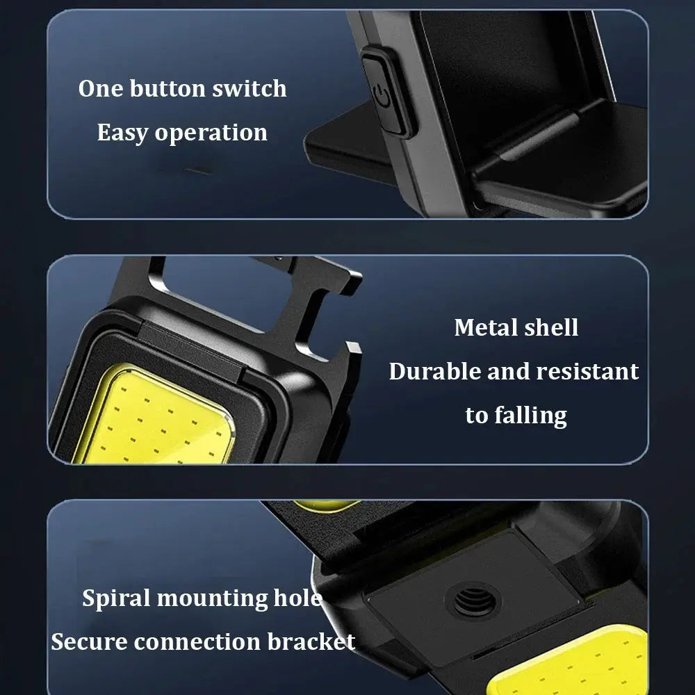 Simples Market mini flashlight keychain light with USB rechargeable COB work lamp and 90° foldable side lights