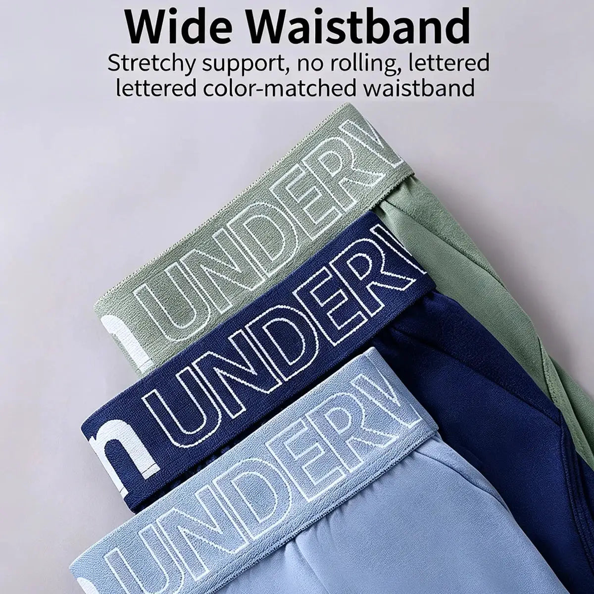 3-pack men's briefs with lettered waistband in green, navy, and light blue