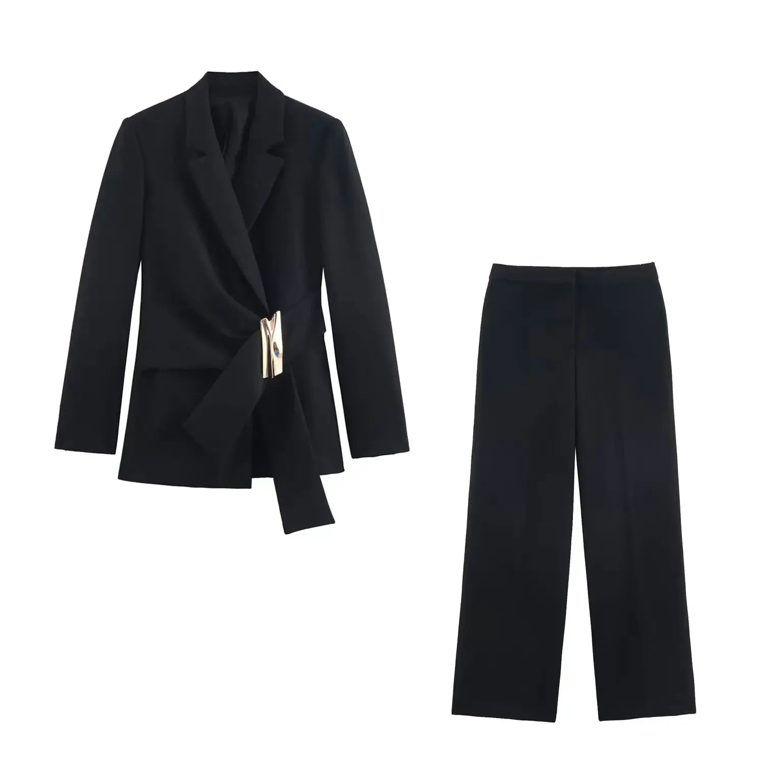 Black two-piece women's suit set with belted blazer featuring a gold buckle and straight-leg pants