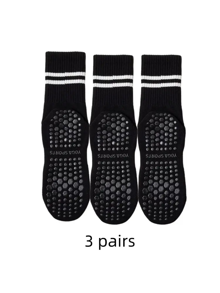 Three Pairs Yoga Socks Women Medium Length Anti Slip Silicone Sole Indoor Fitness Pilates Breathable Polyester