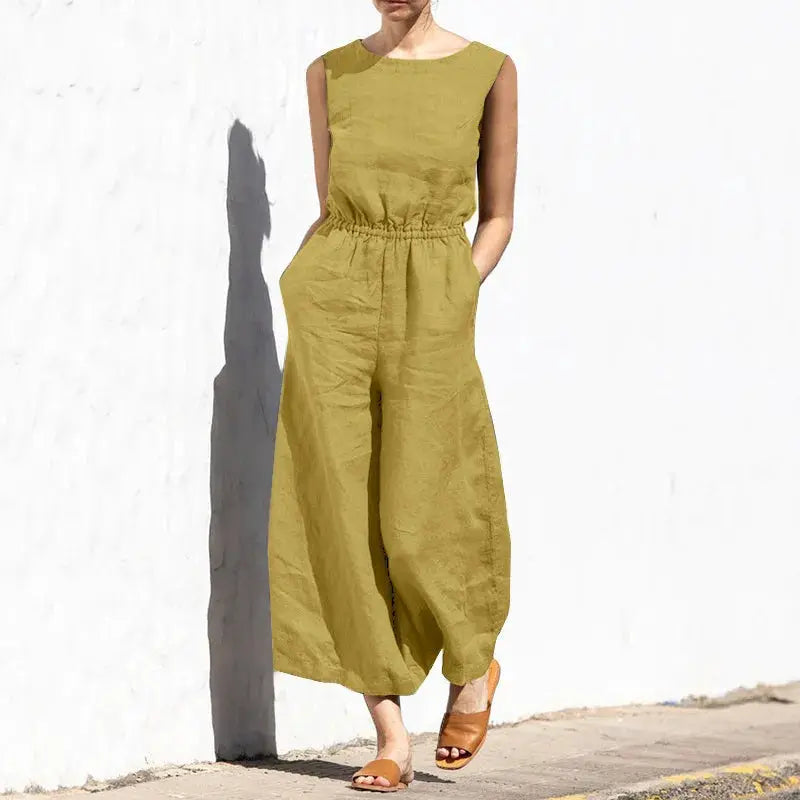 Cotton-linen jumpsuit for women, olive sleeveless high-waist with pockets and wide legs, Simples Market