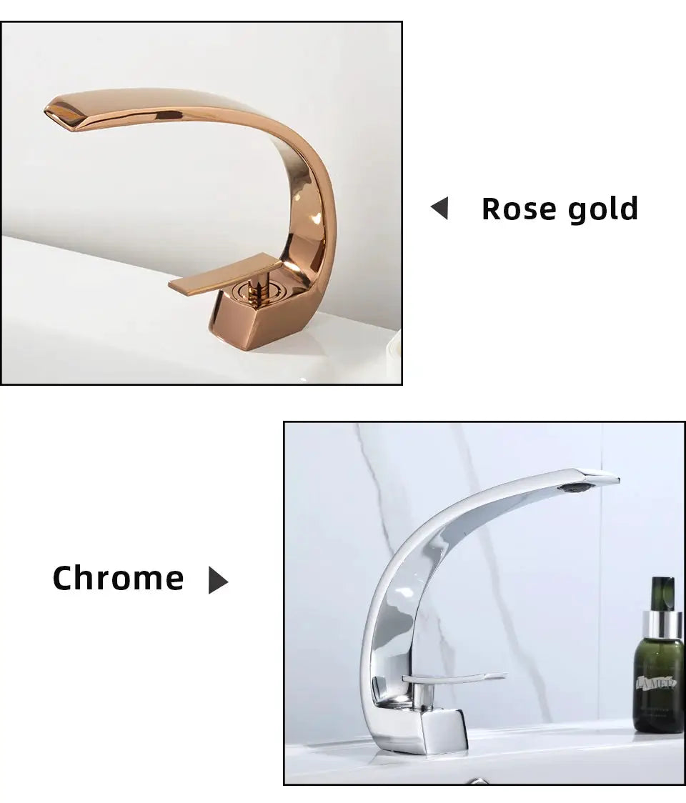 Basin faucet in rose gold and chrome finishes; modern bathroom mixer tap with a single-handle waterfall design.