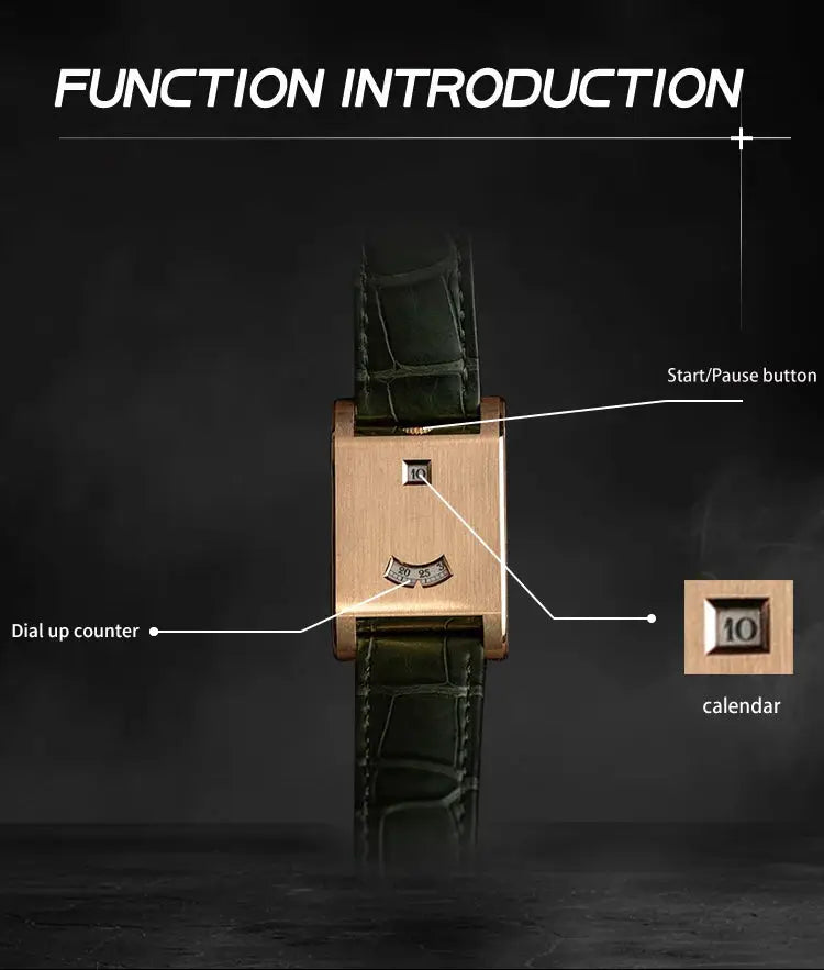 CILOA square brand quartz watch with gold case and green leather strap by Simples Market