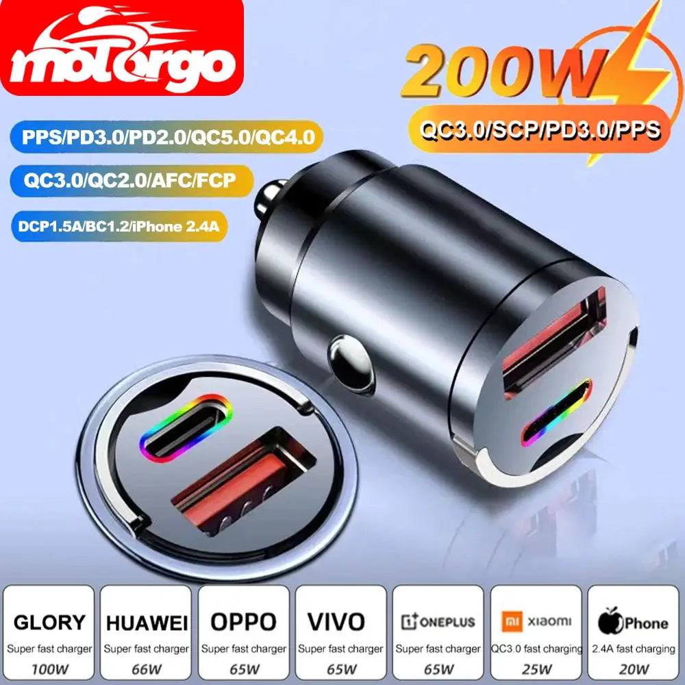 100W 200W QC3 PD Mini Car Charger 12 To 24V Lighter Fast Charging USB Type C Charger For Xiaomi Samsung Huawei iPhone