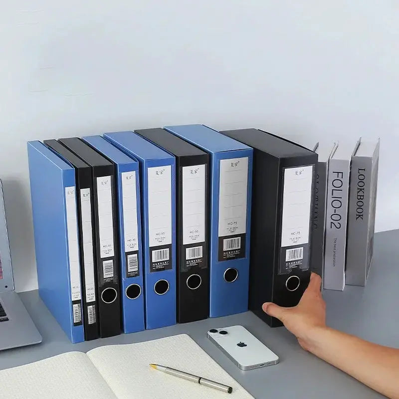A4 plastic storage file boxes with lids; blue and black document organizers